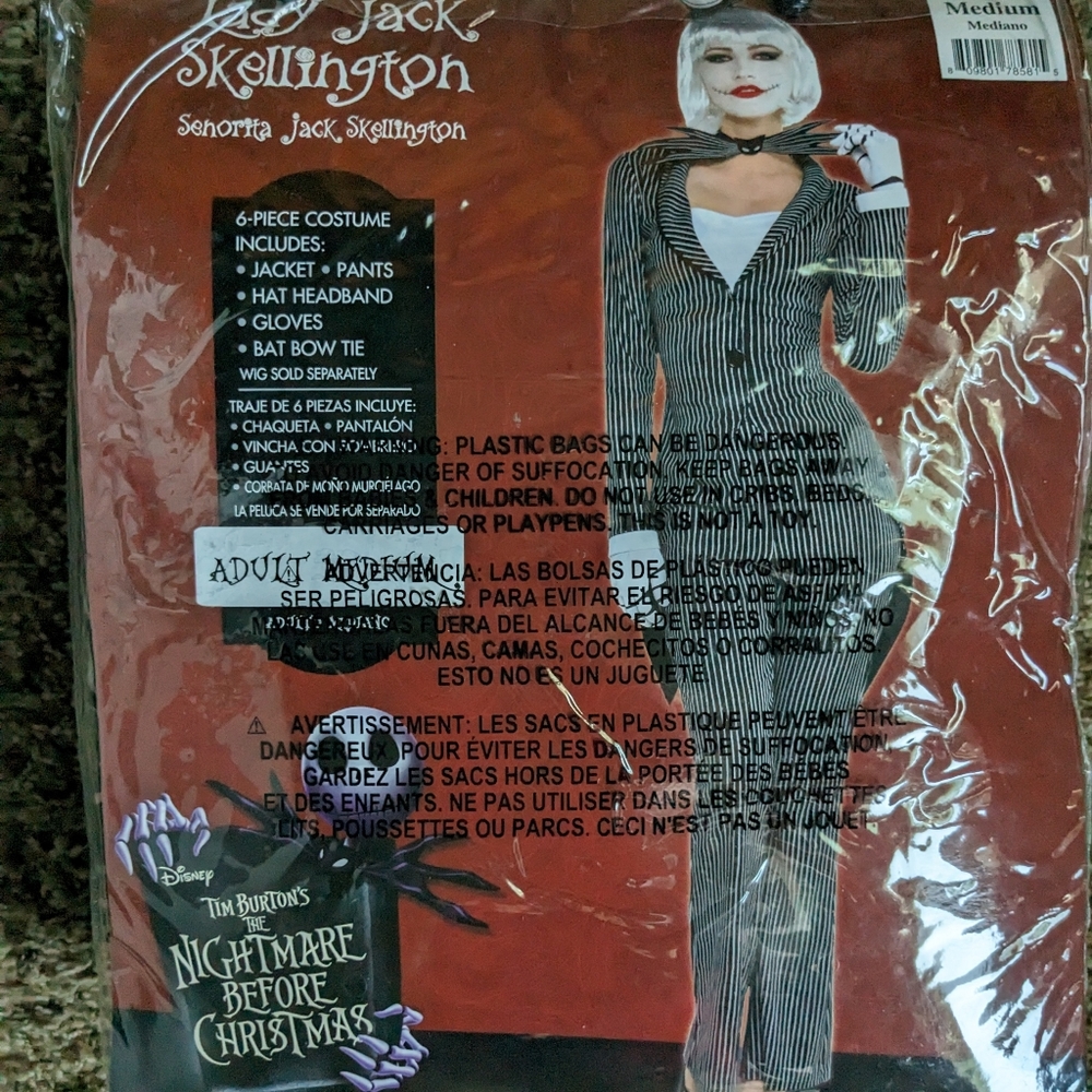 Lady Jack Skellington costume.  New in package, never worn.  Size Medium, 6-8
